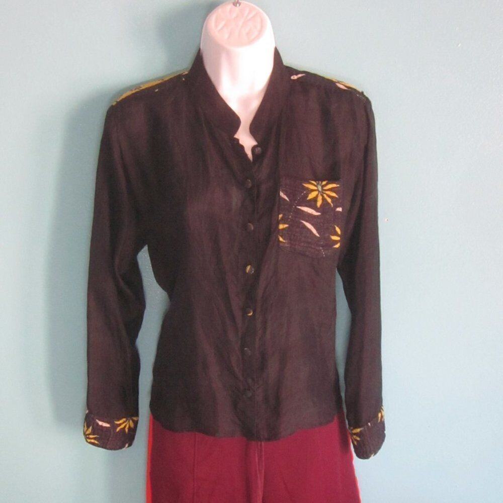Sasha Womens Size S 100% Silk Kantha Pocket Detail Button Up Long Sleeve Blouse